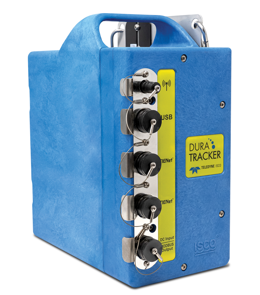 rugged blue plastic box with molded top handle and series of vertical comm ports