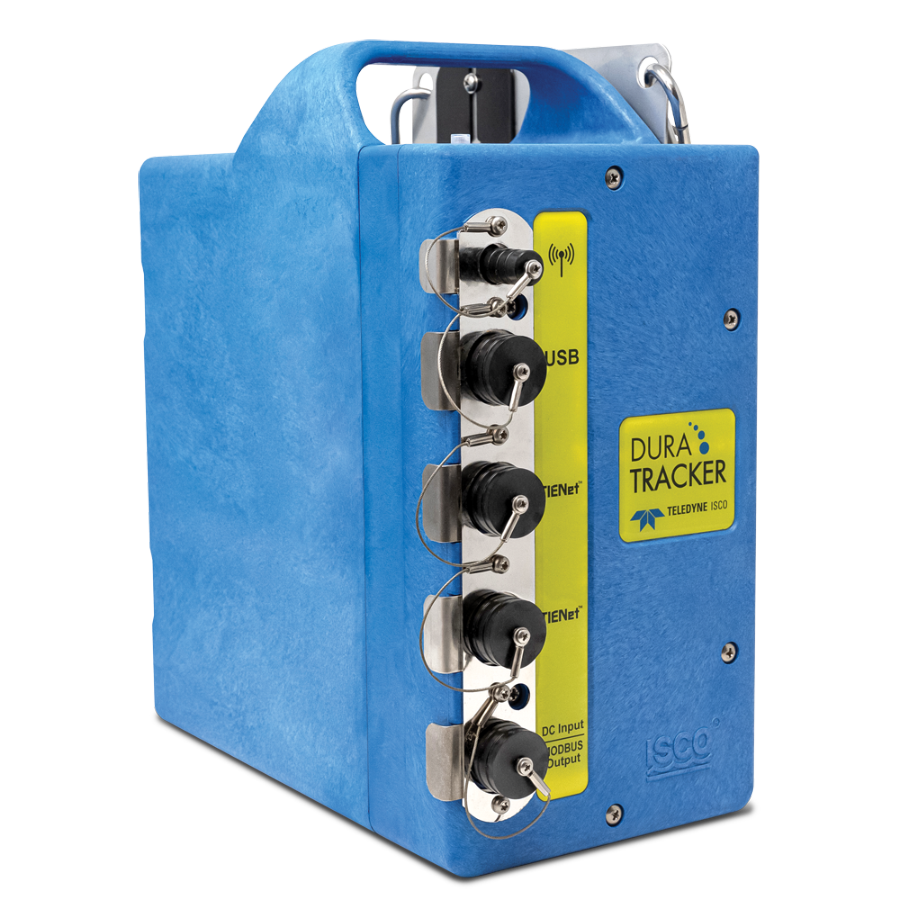 rugged blue plastic box with molded top handle and series of vertical comm ports