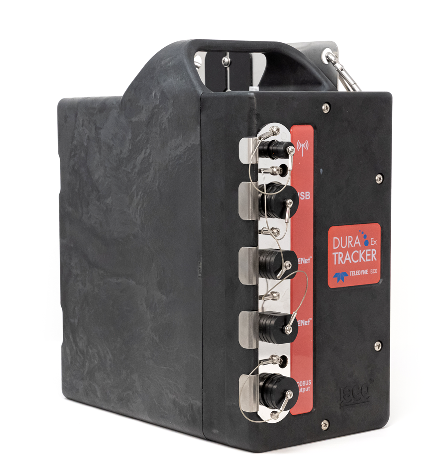 rugged black plastic box with molded top handle and series of vertical comm ports